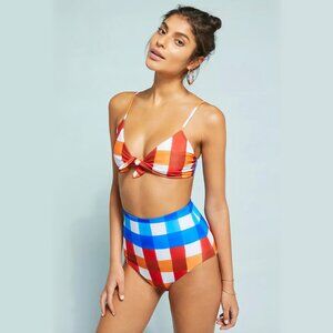 Mara Hoffman Carla Gingham Check Print High Waist Bikini and Tie Front Top